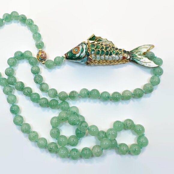 Vintage Jade Fish Necklace: Chinese Export, Cloisonné, Articulated Pendant, Big - Picture 2 of 6